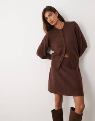 Asos Design Waisted Wool Blend Crew Neck Cardigan With Covered Buttons In Brown