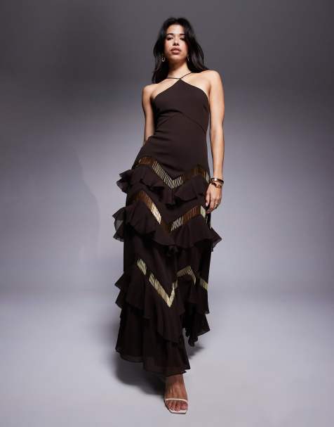 ASOS DESIGN halter neck tiered embellished ruffle maxi dress in chocolate