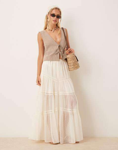 ASOS DESIGN tiered lace insert boho maxi skirt in cream