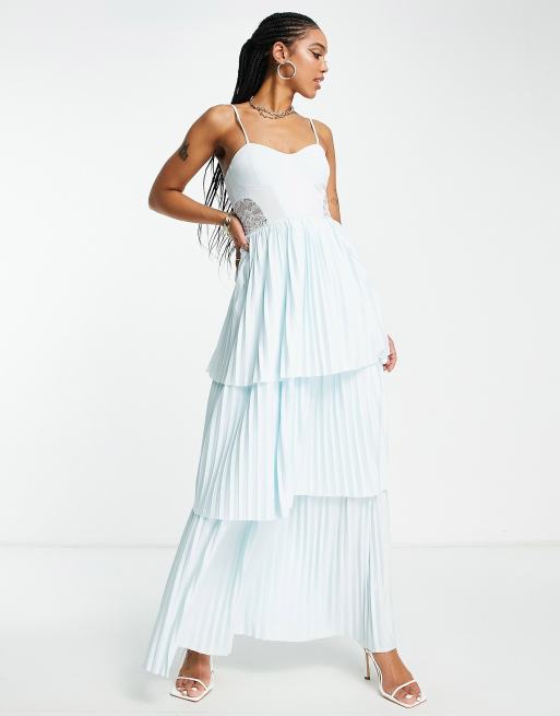 ASOS DESIGN – Warstwowa plisowana sukienka maxi na ramiączkach z koronkową wstawką w miętowym kolorze