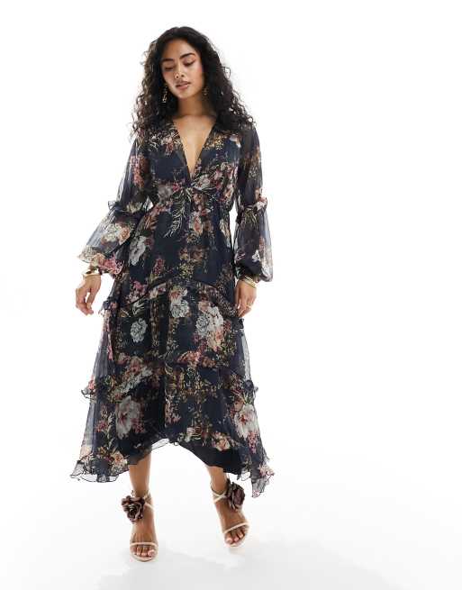 ASOS DESIGN – Warstwowa plisowana sukienka midi z koronkowym wykończeniem w kolorze granatowym w kwiatowy wzór