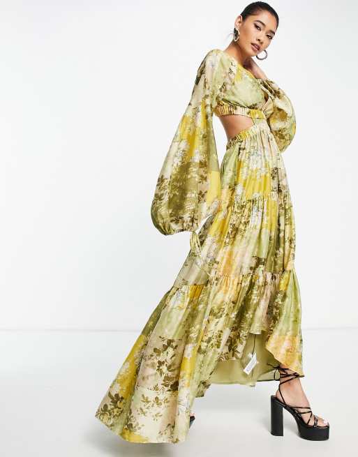 ASOS DESIGN – Warstwowa sukienka maxi z woalu ze wzorem z ozdobnym marszczonym paskiem 