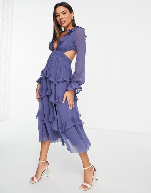 ASOS DESIGN – Warstwowa sukienka midi z falbankami, elastyczną talią i sznurowanym tyłem
