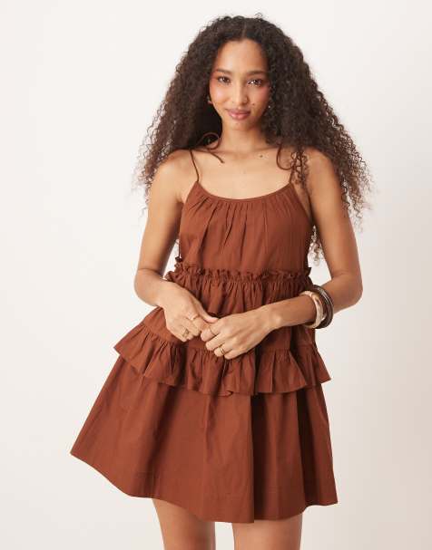 ASOS DESIGN ruffle tiered mini dress in chocolate