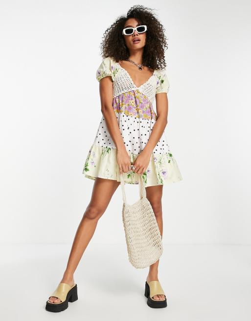 ASOS DESIGN – Warstwowa szydełkowana sukienka mini w stylu babydoll w mieszany wzór