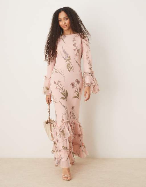 ASOS DESIGN – Warstwowa szyfonowa sukienka maxi z długimi rękawami z falbankami w kwiatowy wzór