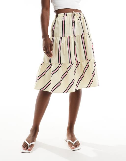 ASOS DESIGN – Warstwowa żółta spódnica do kolan w różowe paski