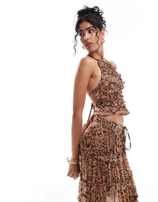 ASOS DESIGN – Warstwowy top z falbankami w panterkę z odkrytymi plecami, część zestawu