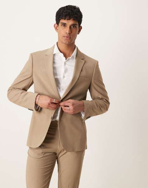 ASOS DESIGN washable lightweight worsted wool mix slim suit jacket in beige - view 1