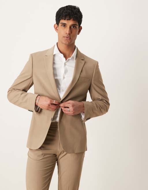 ASOS DESIGN washable slim suit jacket with lightweight worsted wool in beige - BEIGE