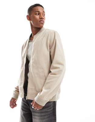 ASOS DESIGN washed bomber jacket in beige-Neutral