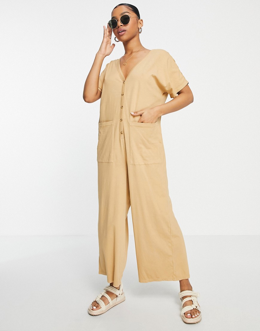 ASOS DESIGN washed button through oversized jumpsuit in stone-Neutral