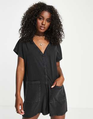 ASOS DESIGN washed button through oversized romper in charcoal