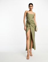 ASOS DESIGN knot detail midaxi dress with cut out detail in green