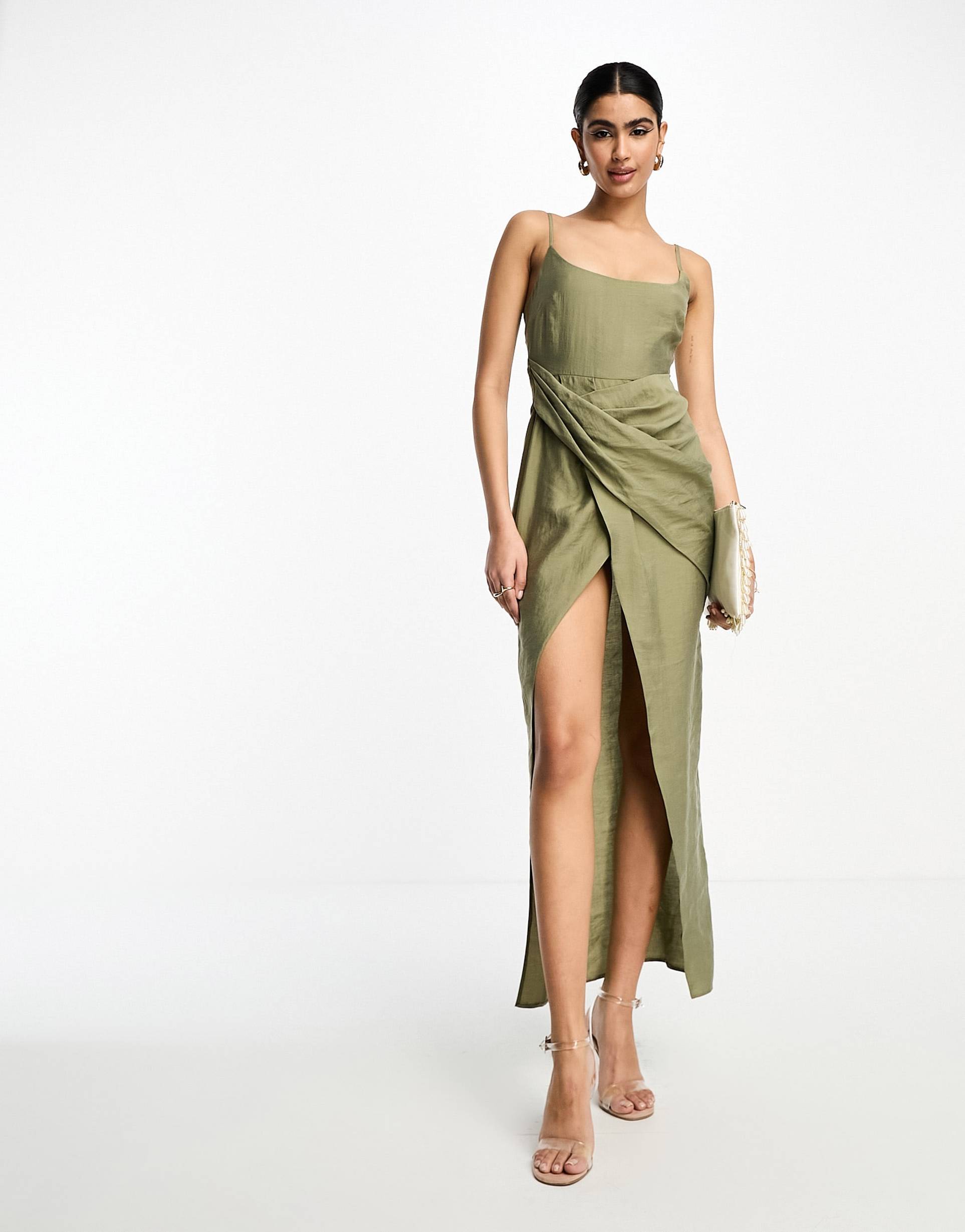 asos design washed cami midi dress with drape skirt in green