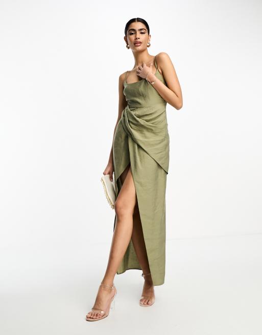 ASOS Design Corset Bandeau Midi Dress in Washed Fabric with Drape Detail Skirt in khaki-Green