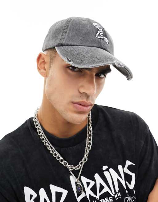 ASOS DESIGN washed cap with skeleton embroidery in black, 4 of 4