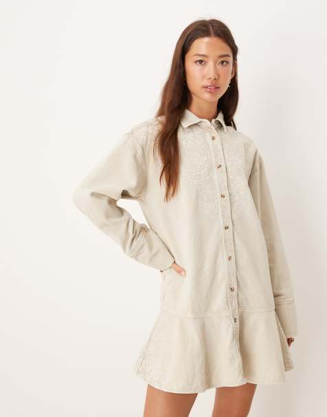 ASOS DESIGN washed cord embroidered shirt mini dress with peplum hem in stone - view 1
