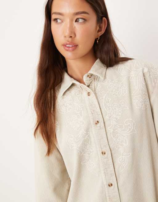 ASOS DESIGN washed cord embroidered shirt mini dress with peplum hem in stone, 2 of 4