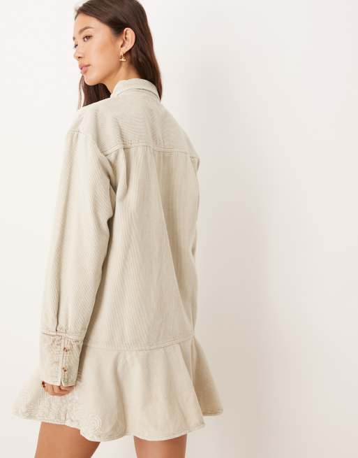 ASOS DESIGN washed cord embroidered shirt mini dress with peplum hem in stone, 4 of 4