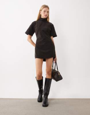 Asos Design Washed Cord Mini Shift Dress With Funnel Neck In Brown