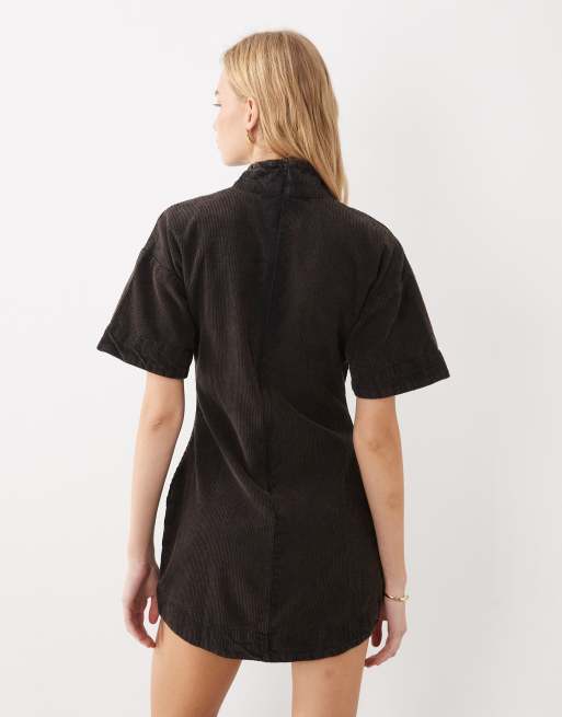 ASOS DESIGN washed cord mini shift dress with funnel neck in black, 3 of 4