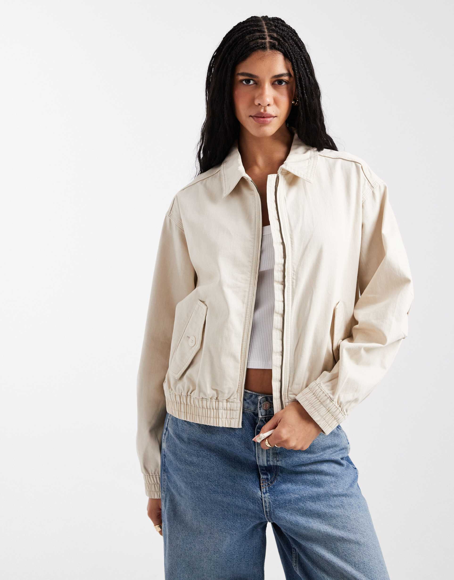 asos design washed cotton bomber jacket in cream