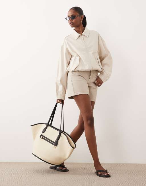ASOS DESIGN washed cotton bomber jacket in cream, 2 of 4