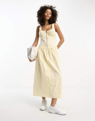 Asos Design Washed Cotton Drop Waist Utility Midi Dress With Zip Detail In Cream-white