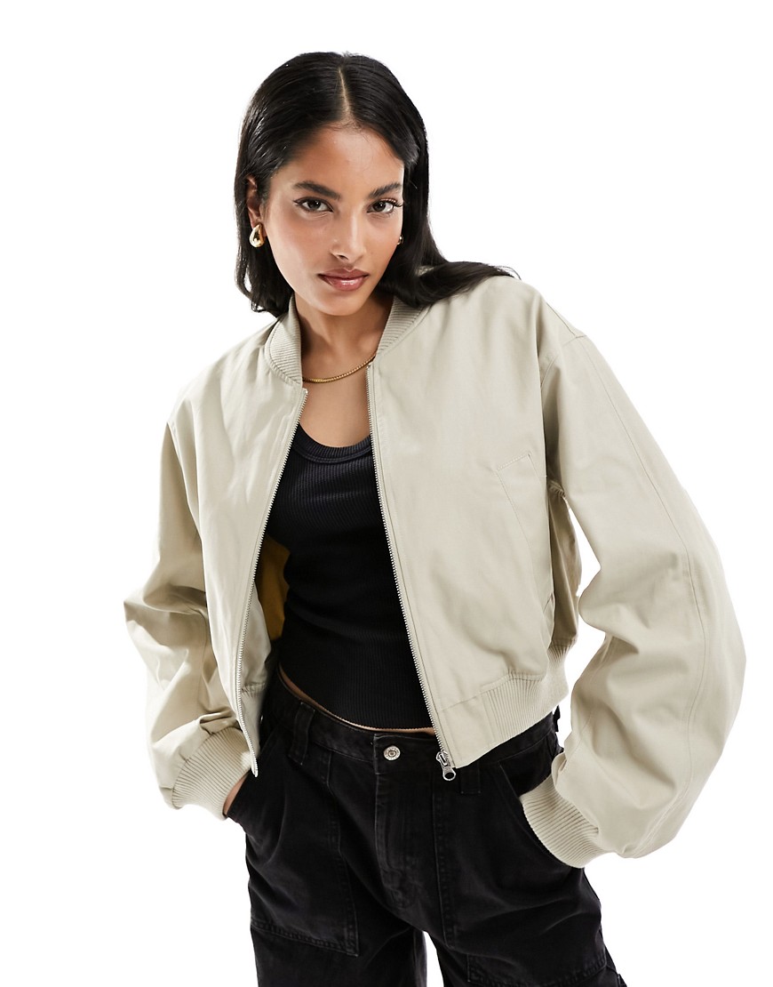 Asos Design Washed Cotton Summer Bomber Jacket In Stone-neutral