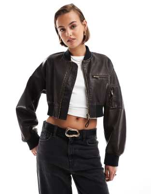 washed cropped leather look bomber jacket in burgundy-Black