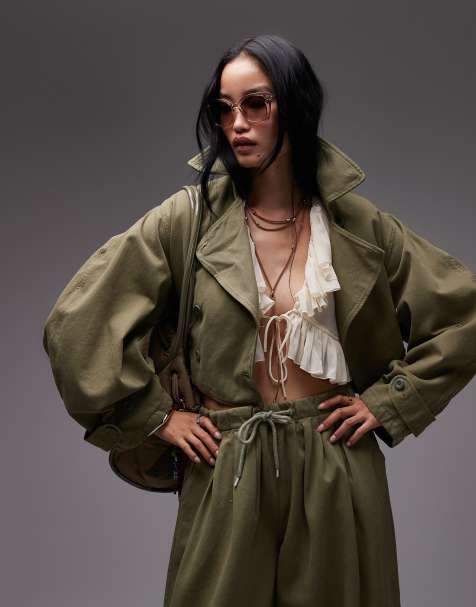 ASOS DESIGN washed cropped trench jacket in khaki - view 1