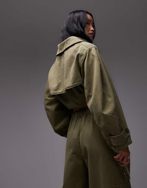 ASOS DESIGN washed cropped trench jacket in khaki