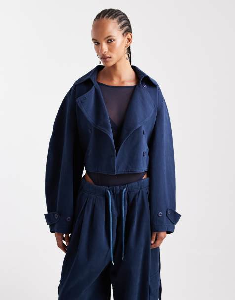 ASOS DESIGN washed cropped trench jacket in navy - view 1