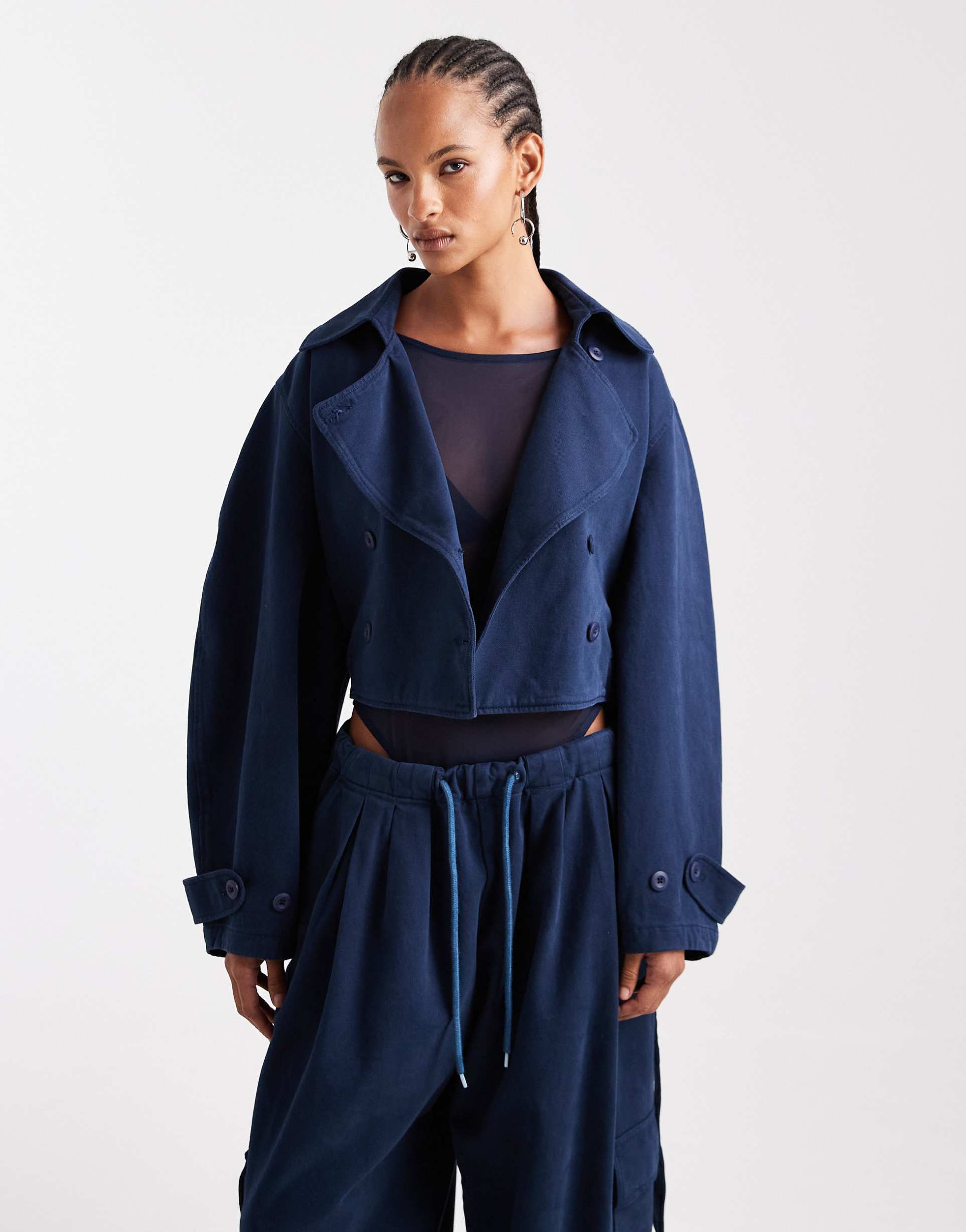 asos design washed cropped trench jacket in navy