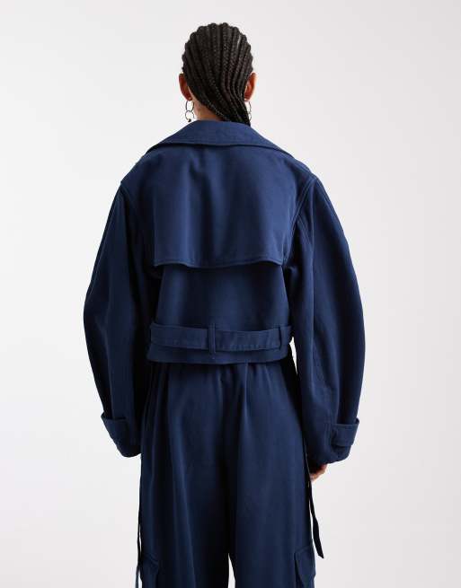 ASOS DESIGN washed cropped trench jacket in navy