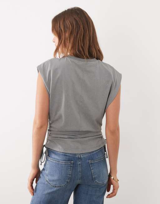 ASOS DESIGN washed detail gather side round neck top in charcoal, 4 of 4