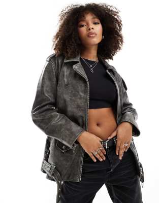 Asos Design Washed Distressed Leather Biker Jacket In Black-brown