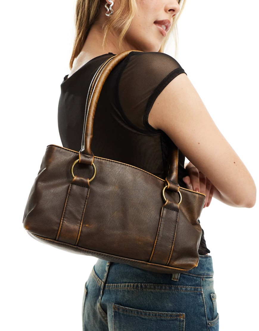 Asos Design Washed Double Ring Strap Shoulder Bag In Brown