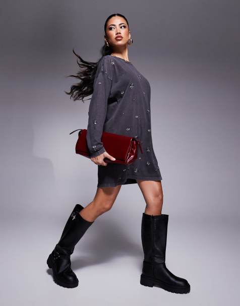 ASOS DESIGN washed embellished long sleeve mini dress in gray wash - view 1
