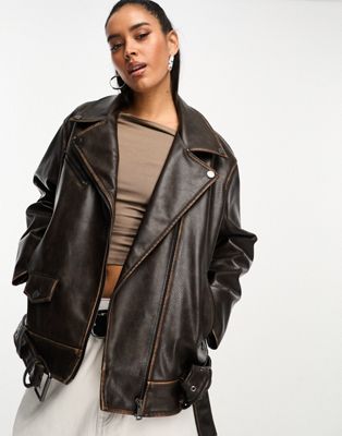 ASOS DESIGN washed faux leather biker jacket in brown
