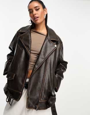 Asos Design Washed Faux Leather Biker Jacket In Brown-black