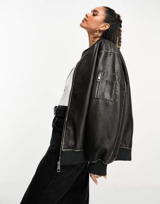 Asos Design Washed Faux Leather Bomber Jacket In Black