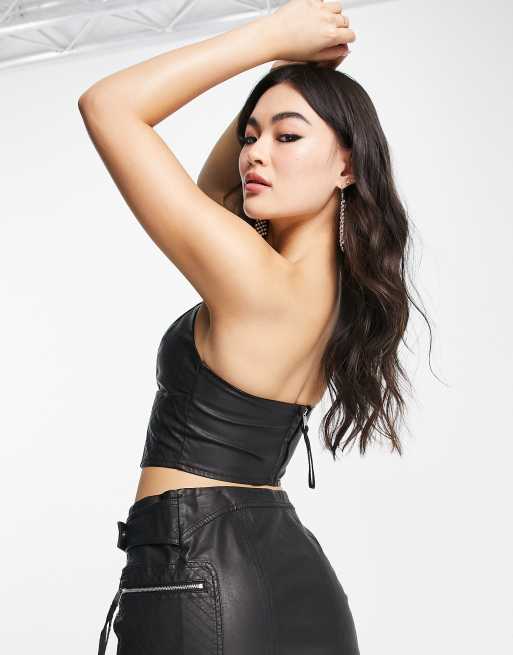 ASOS DESIGN washed faux leather corset top in black - part of a set