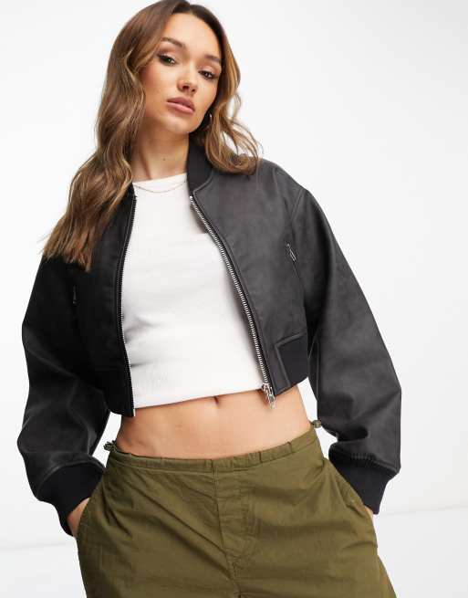 Genre Uitscheiden Bacteriën ASOS DESIGN washed faux leather cropped bomber jacket in black | ASOS