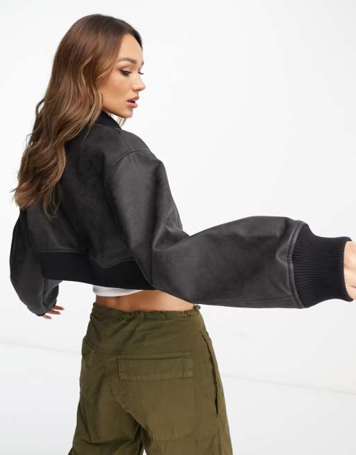 ASOS Satin Cropped Bomber Jacket in Black