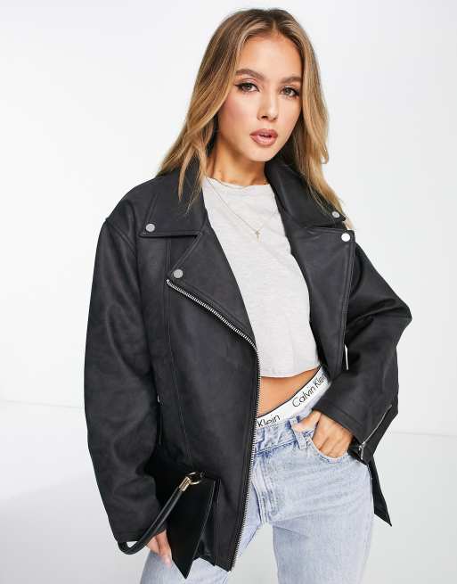 ASOS DESIGN washed faux leather bomber jacket in black