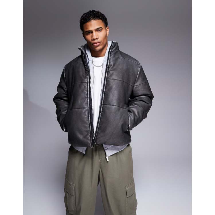 ASOS DESIGN washed faux leather puffer jacket in black