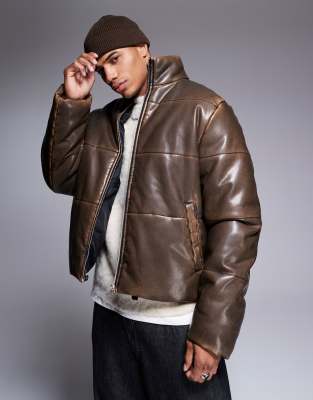 washed faux leather puffer jacket in black-Brown