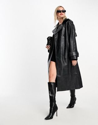 Asos Design Washed Faux Leather Trench Coat In Charcoal-gray